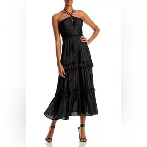 🎥⭐️NWT AQUA STRAPPY RUCHED MIDI ELEGANT SATIN BLACK DRESS SIZE XS⭐️🎥